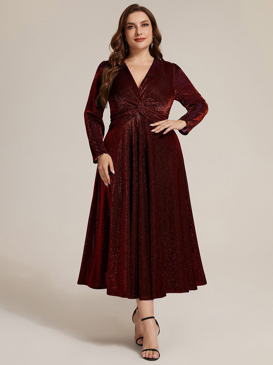 Knot Detail Knit Glitter Long Sleeve Wedding Guest Dress #color_Burgundy