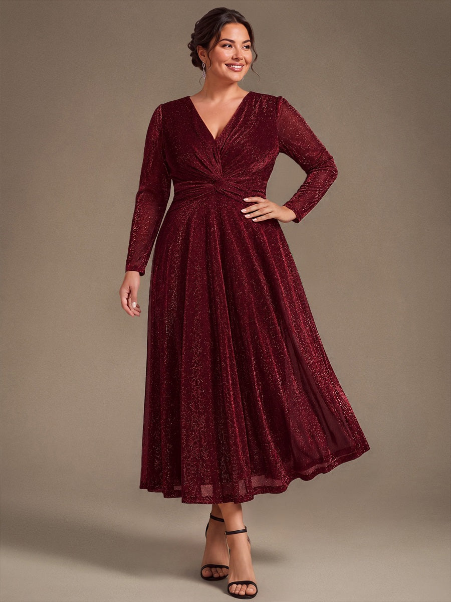 Knot Detail Knit Glitter Long Sleeve Wedding Guest Dress #color_Burgundy
