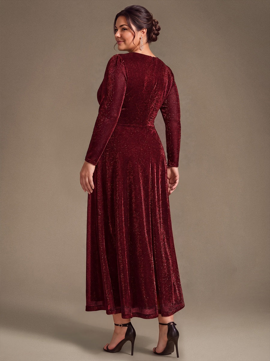 Plus Size Knot Detail Glitter Long Sleeve Wedding Guest Dress #color_Burgundy
