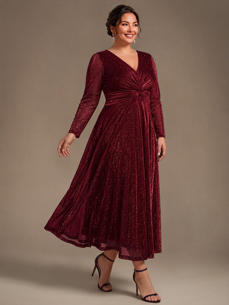 Knot Detail Knit Glitter Long Sleeve Wedding Guest Dress #color_Burgundy