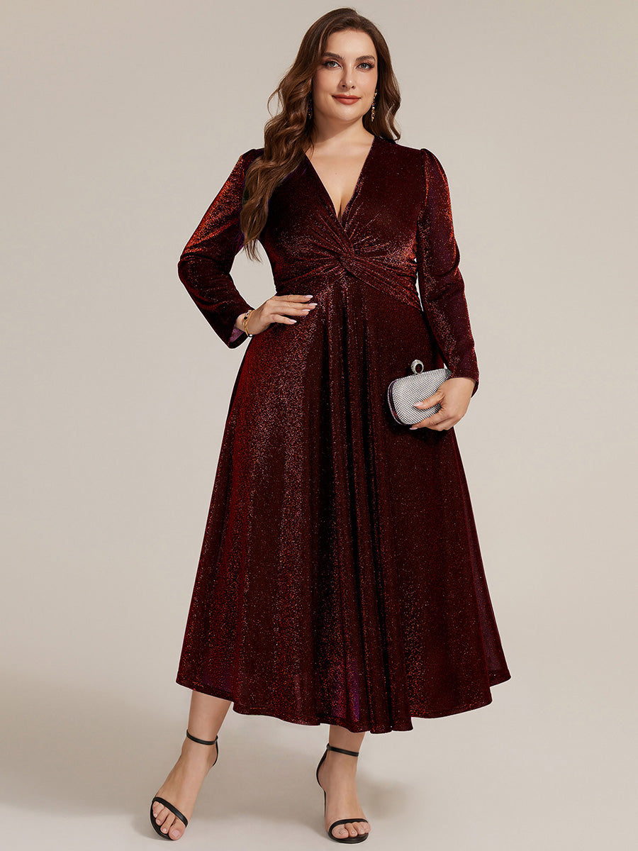 Plus Size Knot Detail Glitter Long Sleeve Wedding Guest Dress #color_Burgundy