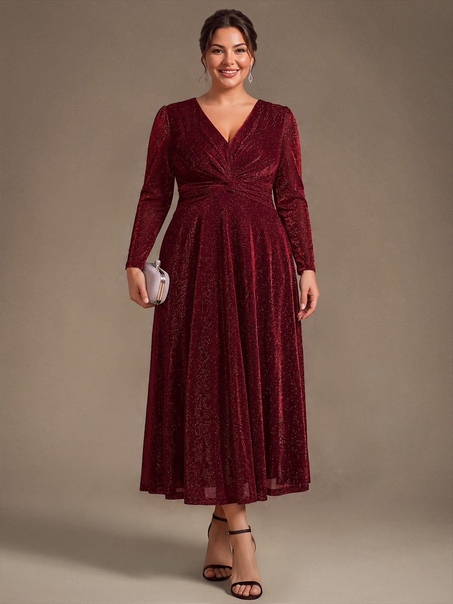 Plus Size Knot Detail Glitter Long Sleeve Wedding Guest Dress #color_Burgundy