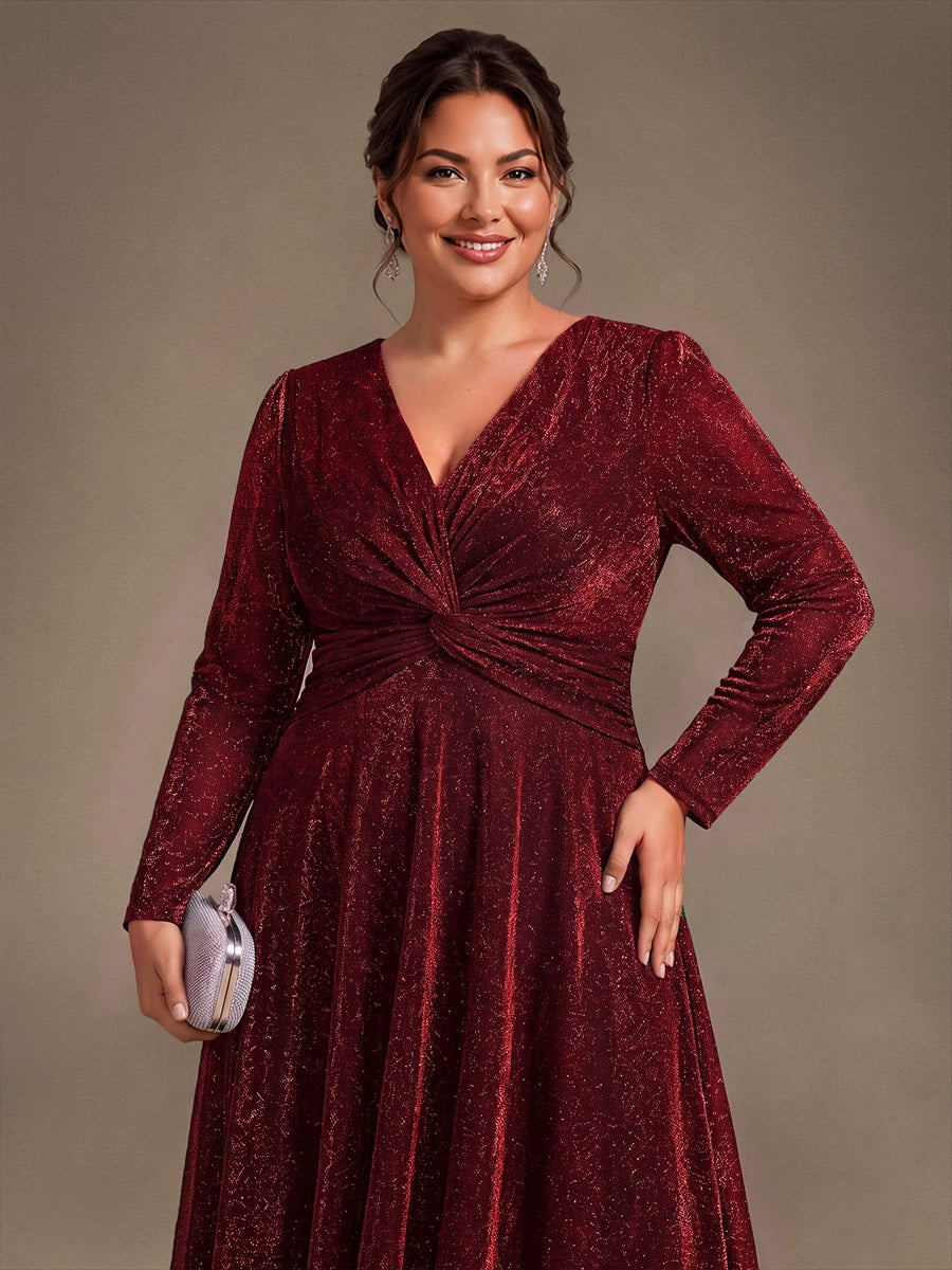 Plus Size Knot Detail Glitter Long Sleeve Wedding Guest Dress #color_Burgundy