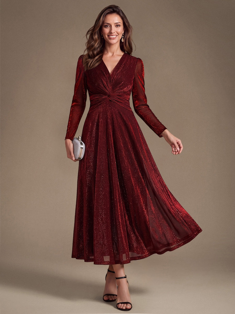 Knot Detail Knit Glitter Long Sleeve Wedding Guest Dress #color_Burgundy