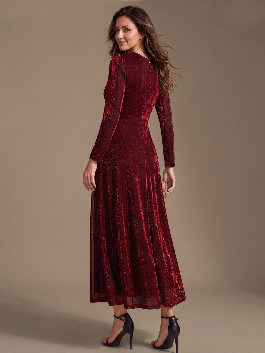 Knot Detail Knit Glitter Long Sleeve Wedding Guest Dress #color_Burgundy