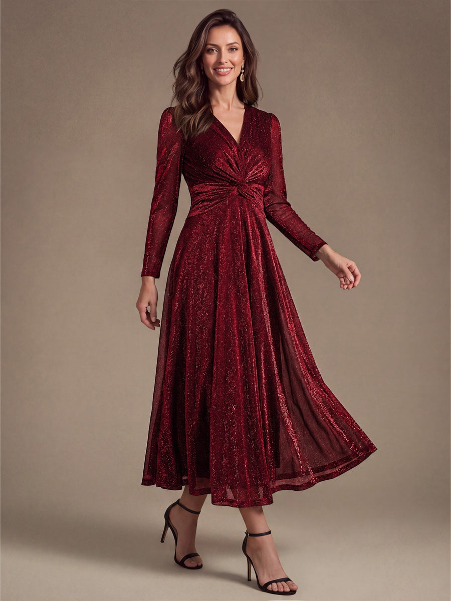 Knot Detail Knit Glitter Long Sleeve Wedding Guest Dress #color_Burgundy