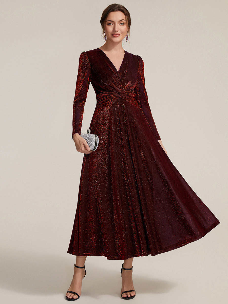 Knot Detail Knit Glitter Long Sleeve Wedding Guest Dress #color_Burgundy