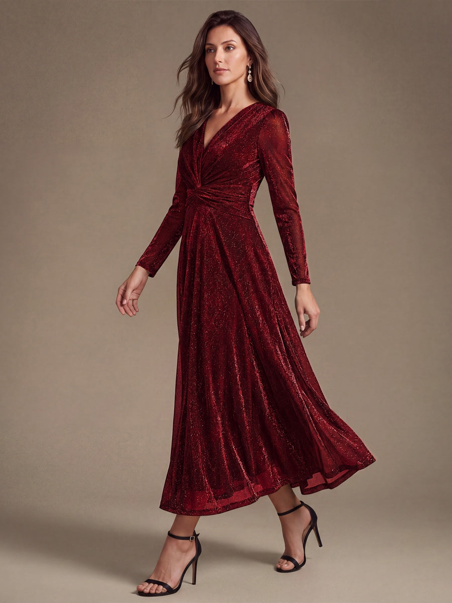 Knot Detail Knit Glitter Long Sleeve Wedding Guest Dress #color_Burgundy