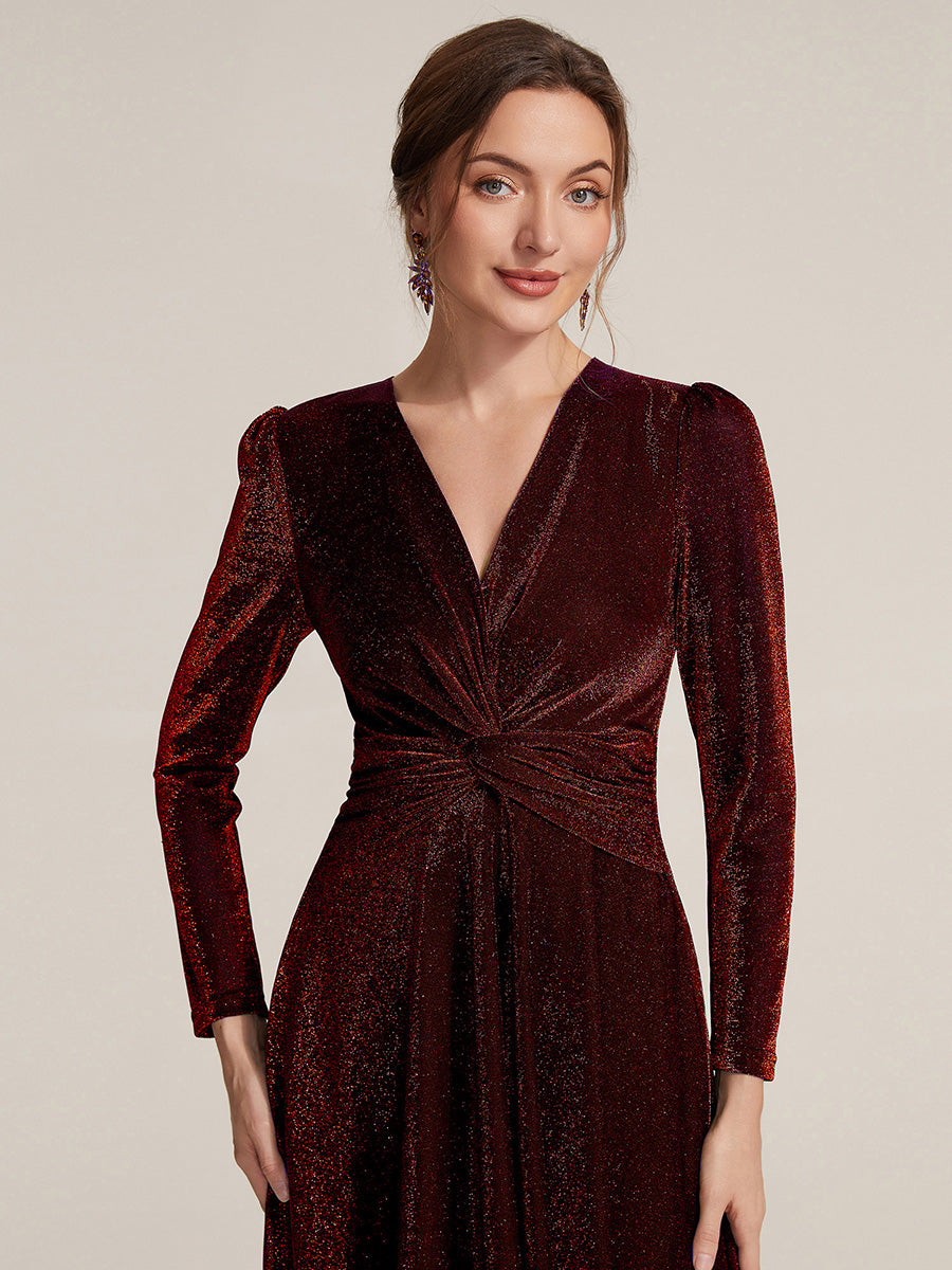 Knot Detail Knit Glitter Long Sleeve Wedding Guest Dress #color_Burgundy