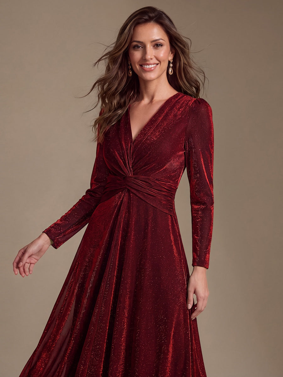 Knot Detail Knit Glitter Long Sleeve Wedding Guest Dress #color_Burgundy