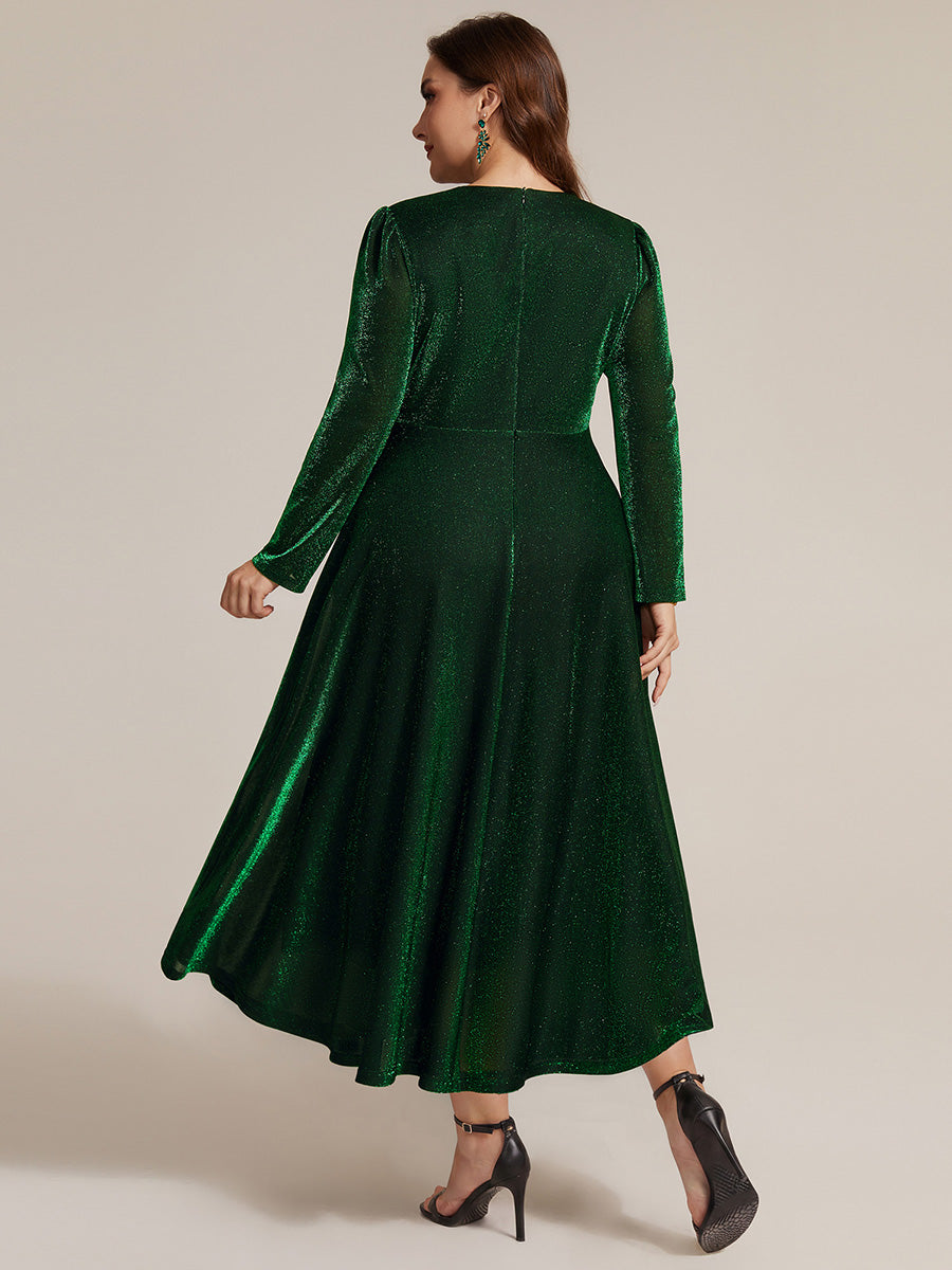 Plus Size Knot Detail Glitter Long Sleeve Wedding Guest Dress #color_Dark Green