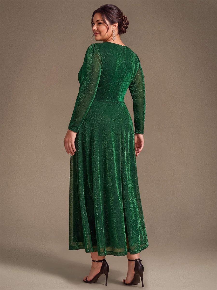 Plus Size Knot Detail Glitter Long Sleeve Wedding Guest Dress #color_Dark Green