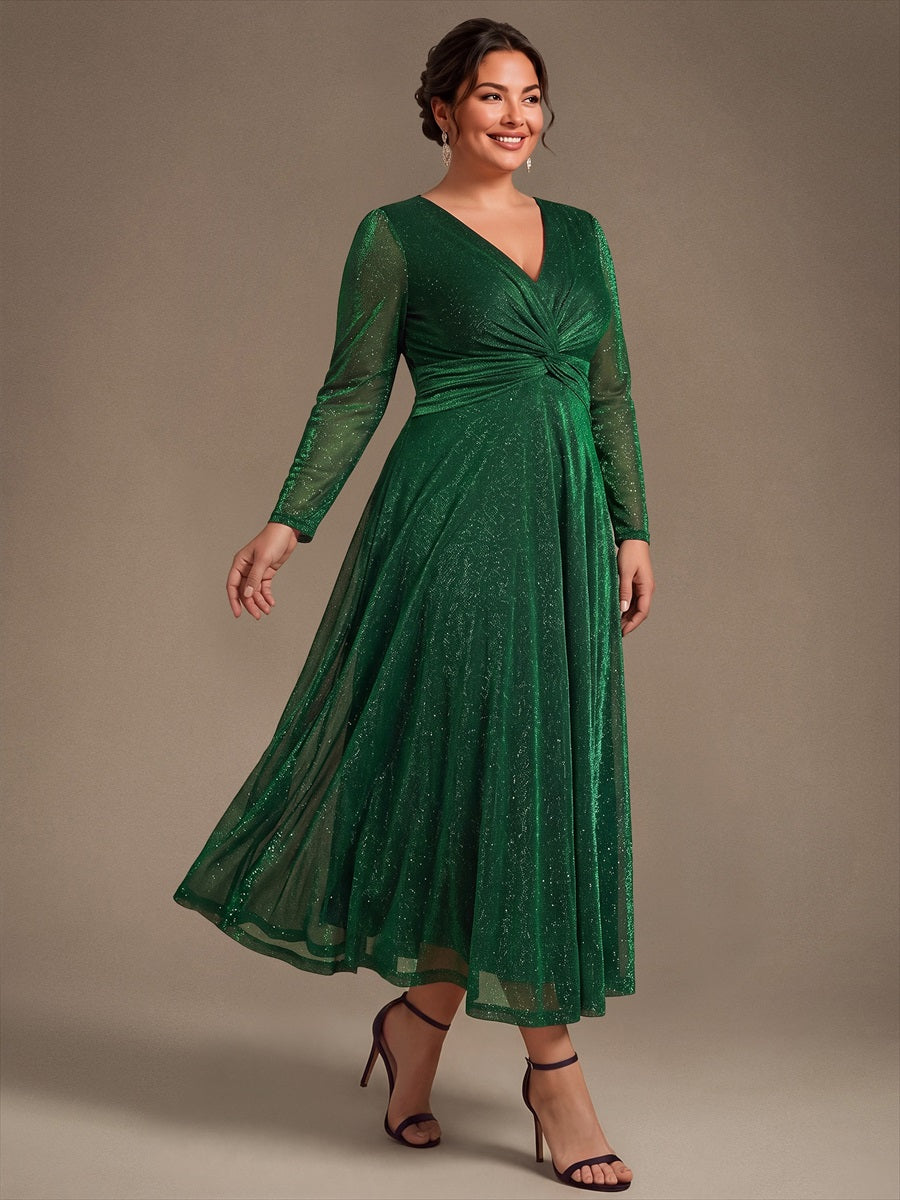 Knot Detail Knit Glitter Long Sleeve Wedding Guest Dress #color_Dark Green