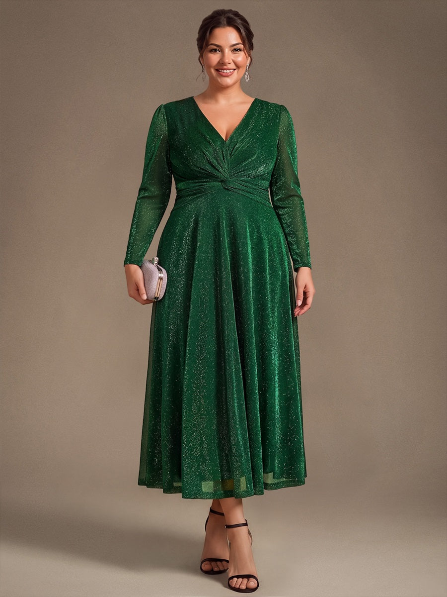 Plus Size Knot Detail Glitter Long Sleeve Wedding Guest Dress #color_Dark Green
