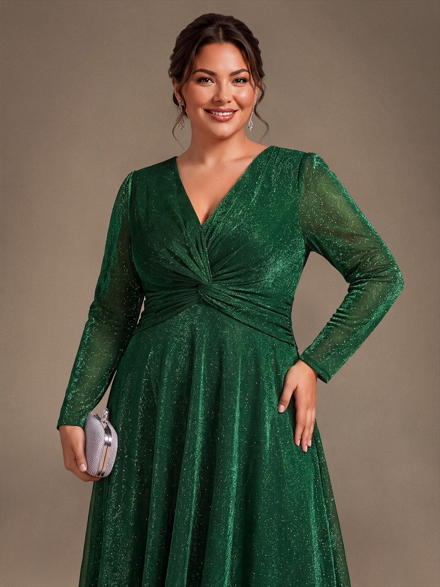 Knot Detail Knit Glitter Long Sleeve Wedding Guest Dress #color_Dark Green