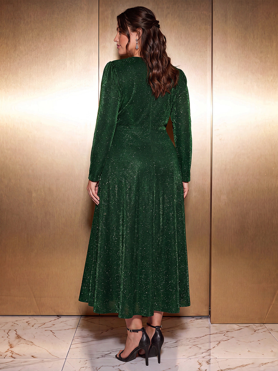 Plus Size Knot Detail Glitter Long Sleeve Wedding Guest Dress #color_Dark Green