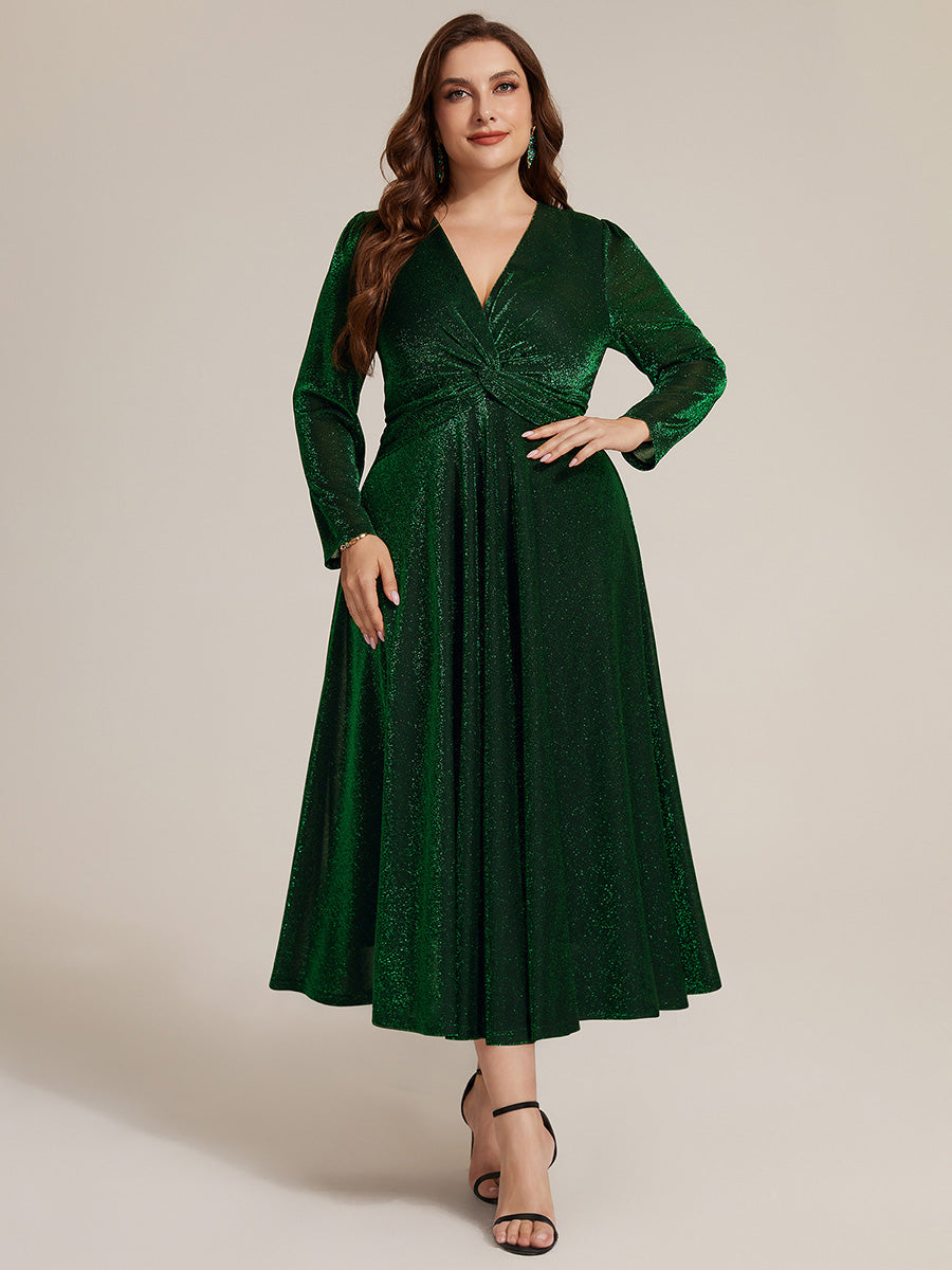 Plus Size Knot Detail Glitter Long Sleeve Wedding Guest Dress #color_Dark Green