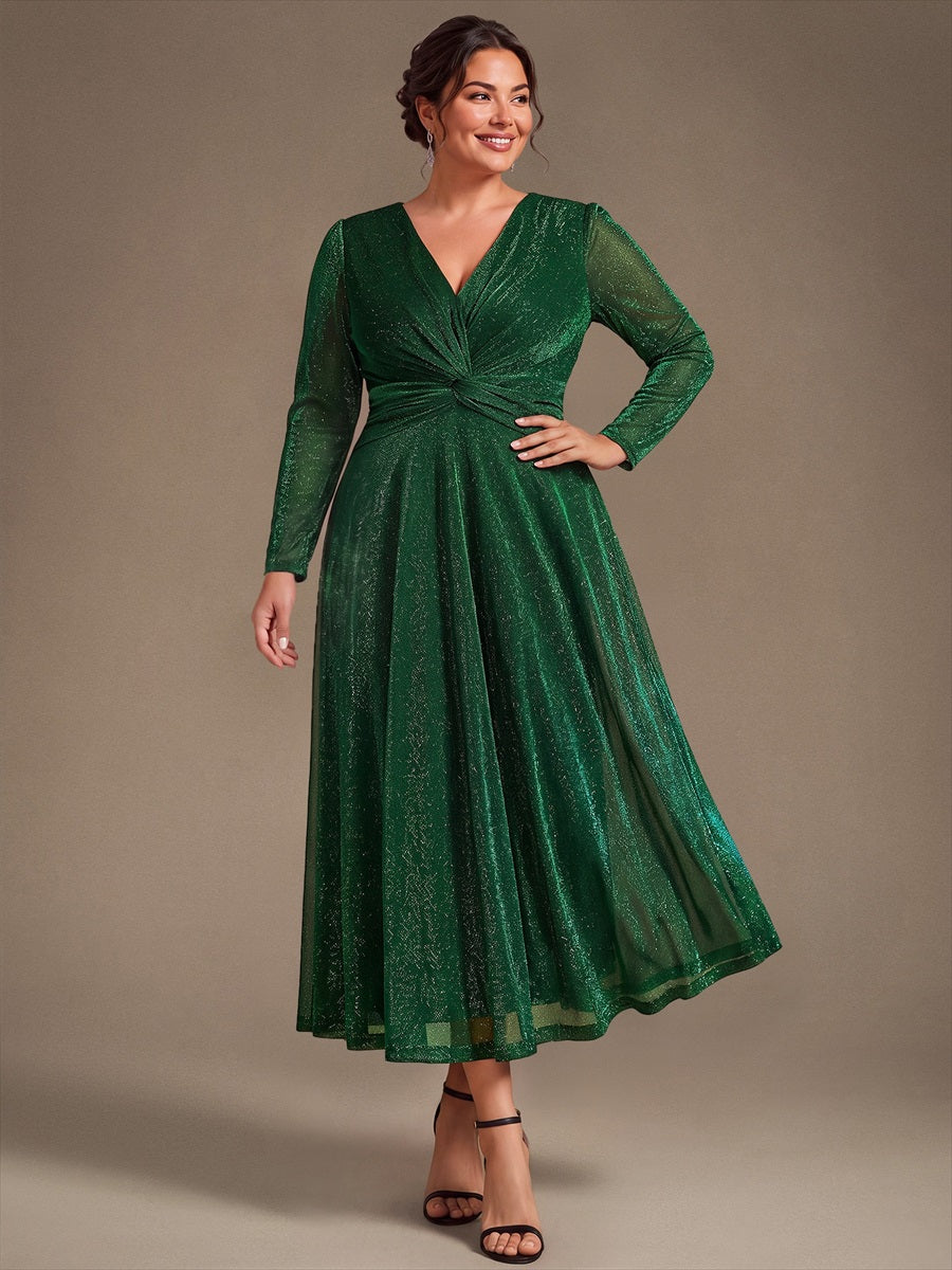 Plus Size Knot Detail Glitter Long Sleeve Wedding Guest Dress #color_Dark Green