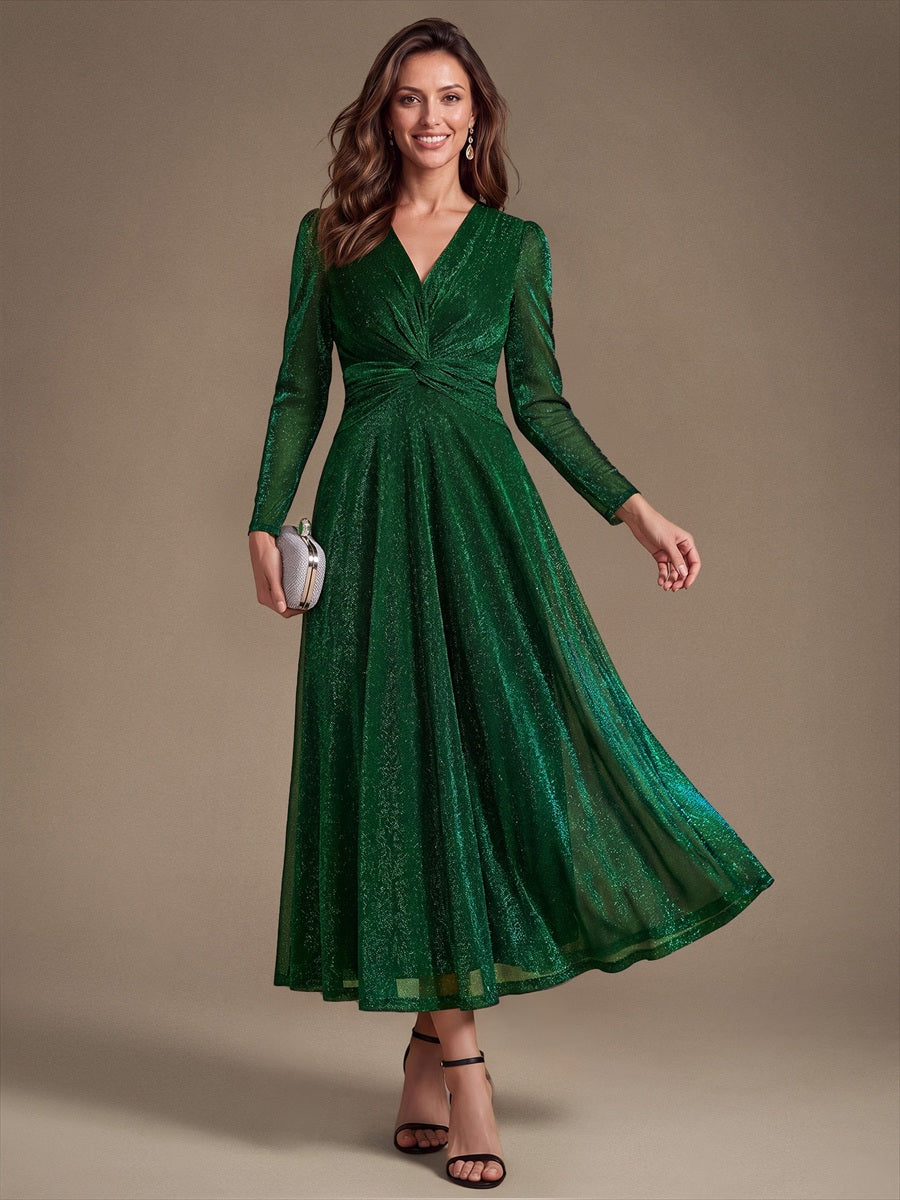 Knot Detail Knit Glitter Long Sleeve Wedding Guest Dress #color_Dark Green