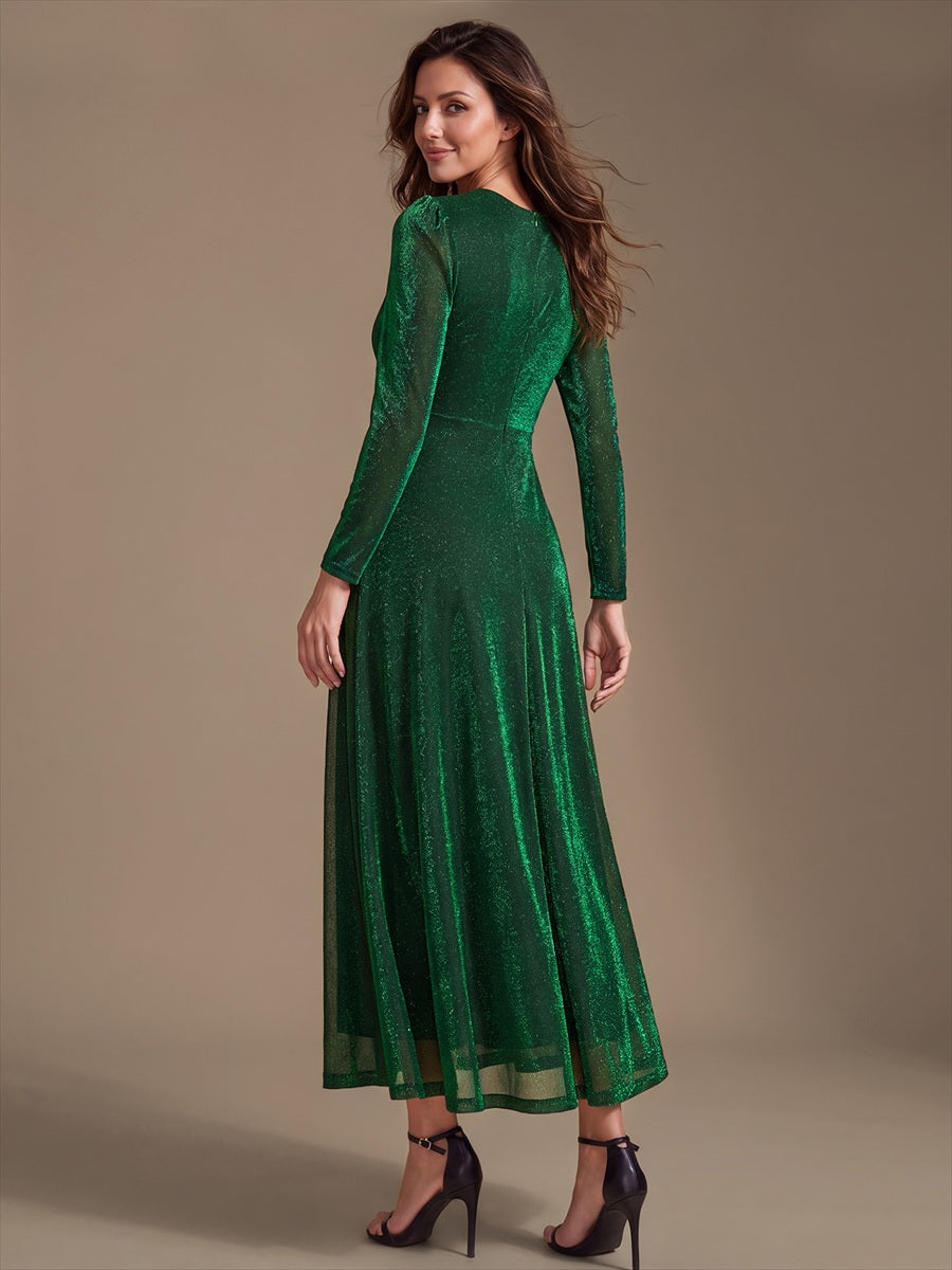 Knot Detail Knit Glitter Long Sleeve Wedding Guest Dress #color_Dark Green