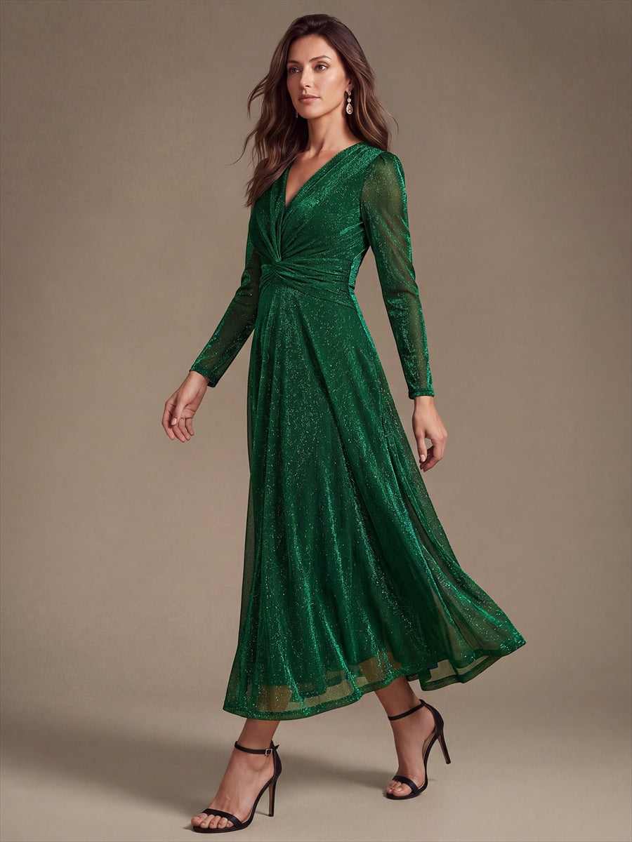 Knot Detail Knit Glitter Long Sleeve Wedding Guest Dress #color_Dark Green