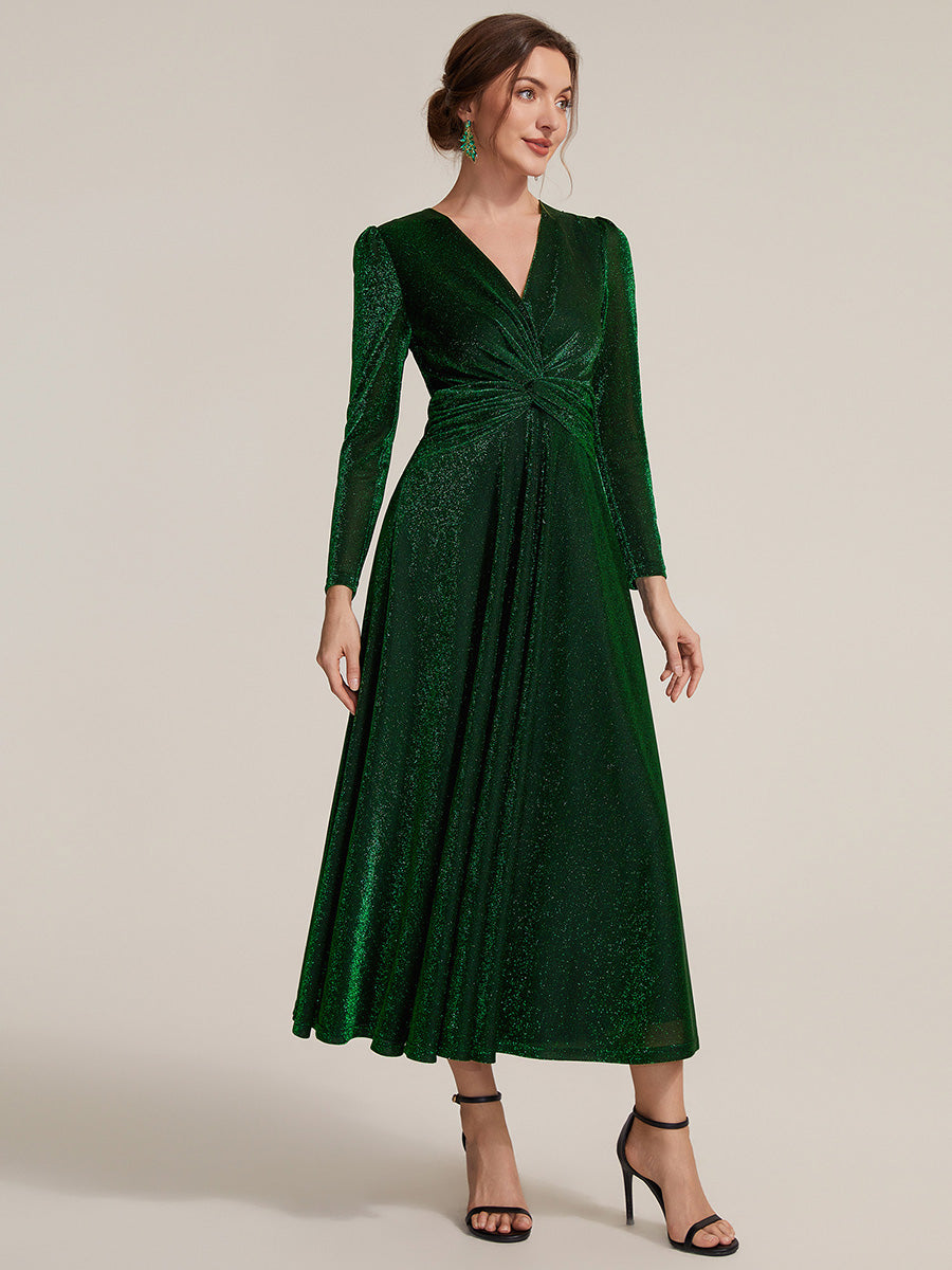 Knot Detail Knit Glitter Long Sleeve Wedding Guest Dress #color_Dark Green
