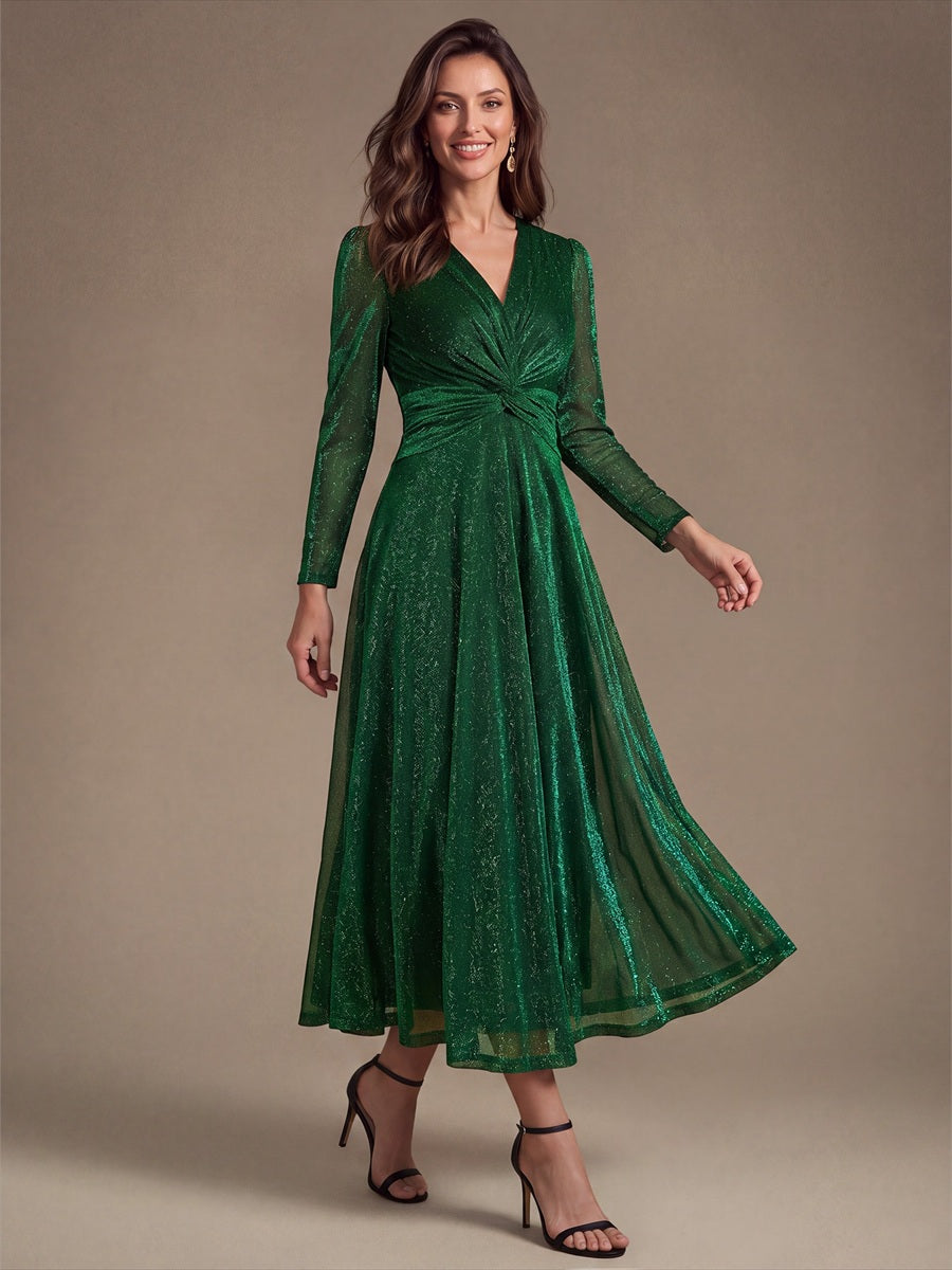 Knot Detail Knit Glitter Long Sleeve Wedding Guest Dress #color_Dark Green