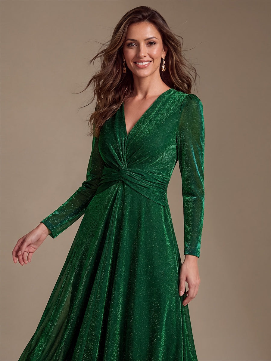 Knot Detail Knit Glitter Long Sleeve Wedding Guest Dress #color_Dark Green