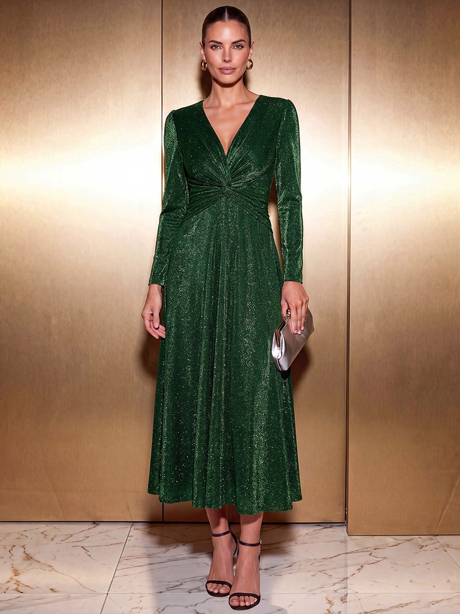 Knot Detail Knit Glitter Long Sleeve Wedding Guest Dress #color_Dark Green