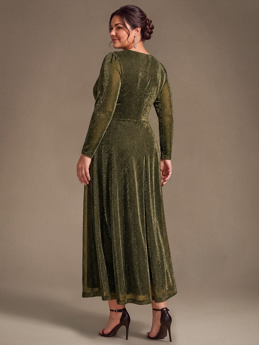 Plus Size Knot Detail Glitter Long Sleeve Wedding Guest Dress #color_Metallic Gold