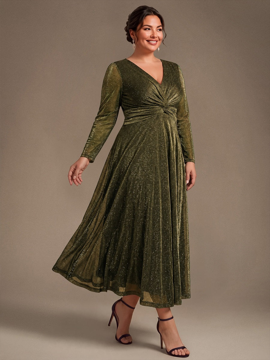 Knot Detail Knit Glitter Long Sleeve Wedding Guest Dress #color_Metallic Gold