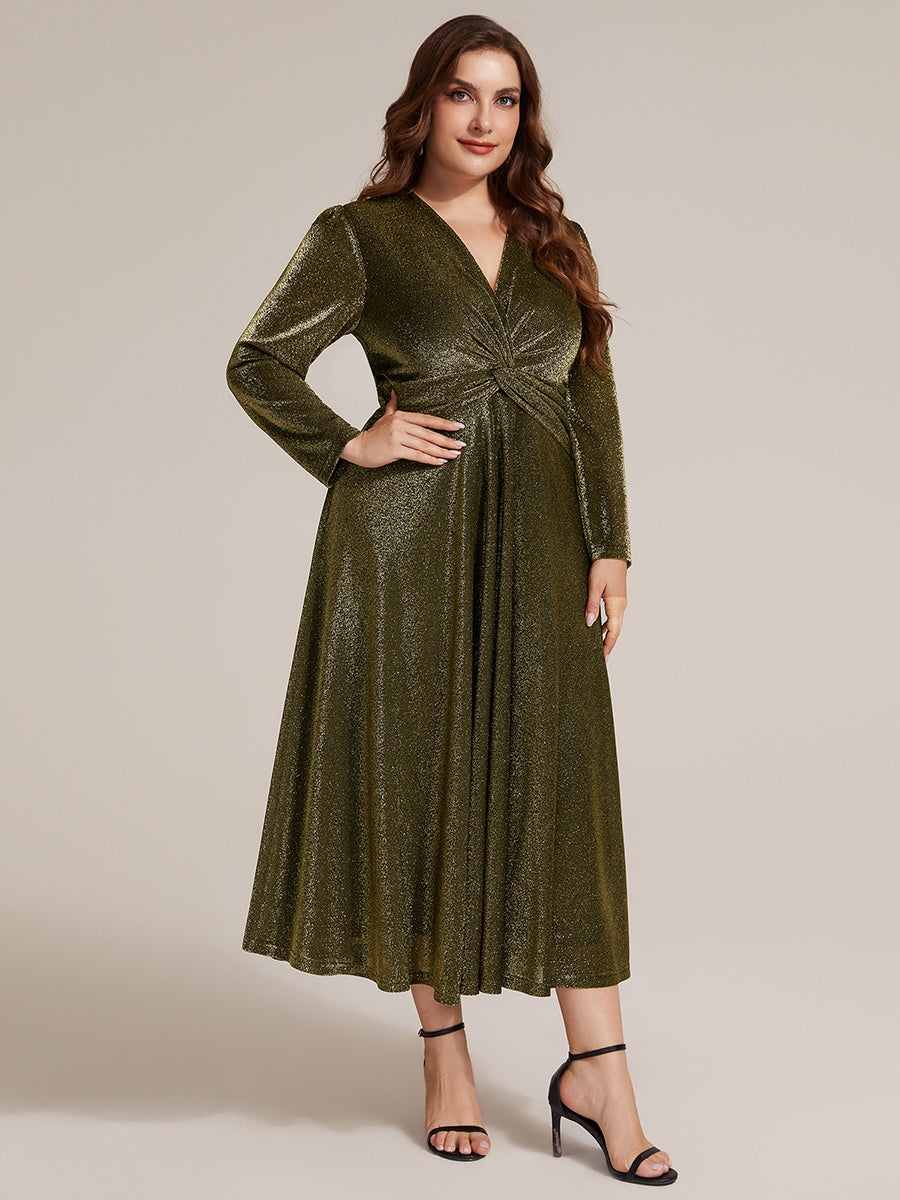 Plus Size Knot Detail Glitter Long Sleeve Wedding Guest Dress #color_Metallic Gold