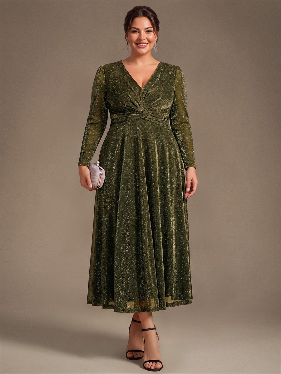 Plus Size Knot Detail Glitter Long Sleeve Wedding Guest Dress #color_Metallic Gold