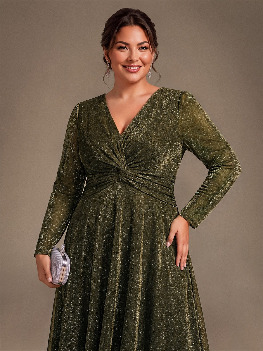 Plus Size Knot Detail Glitter Long Sleeve Wedding Guest Dress #color_Metallic Gold