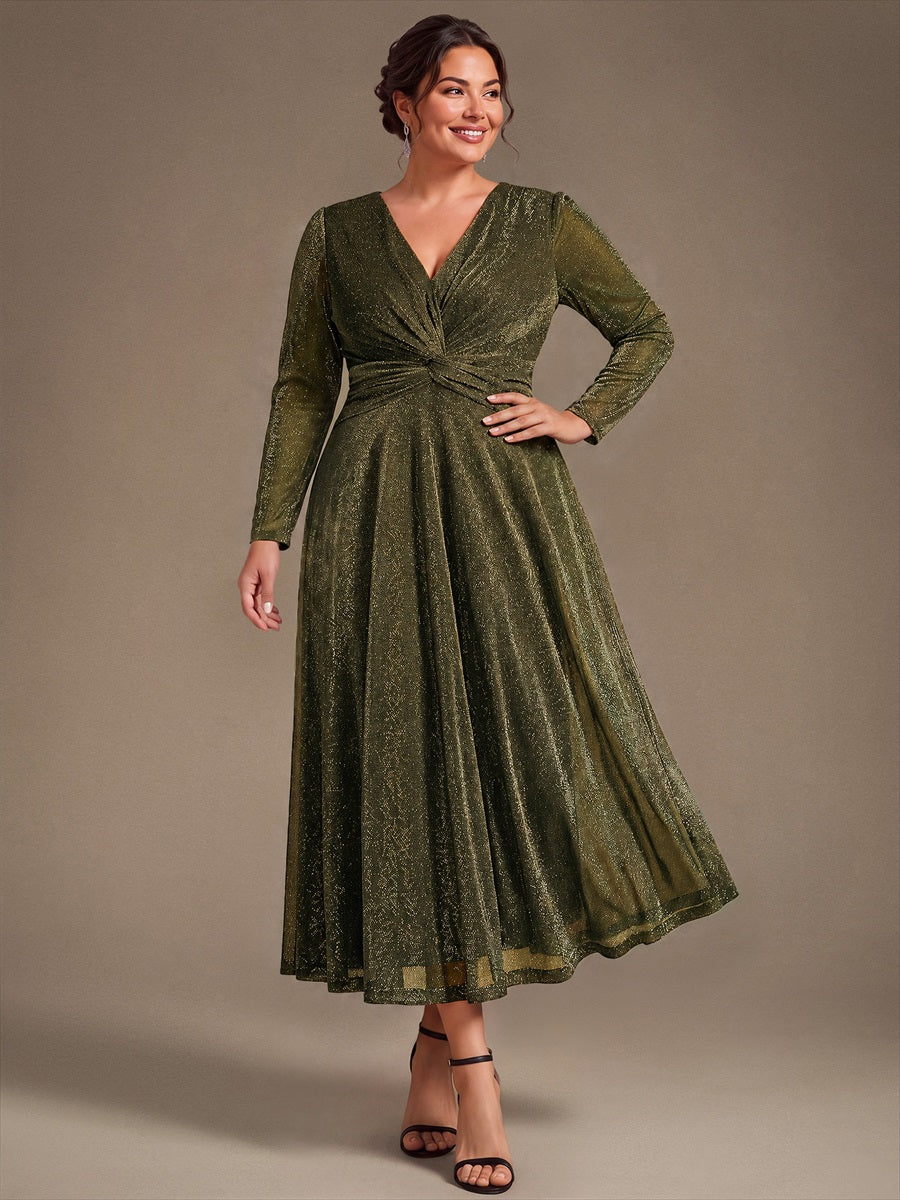 Plus Size Knot Detail Glitter Long Sleeve Wedding Guest Dress #color_Metallic Gold