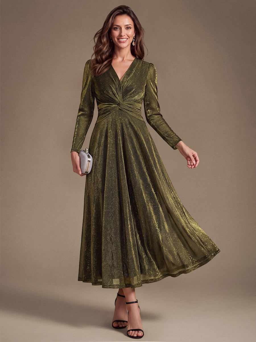 Knot Detail Knit Glitter Long Sleeve Wedding Guest Dress #color_Metallic Gold