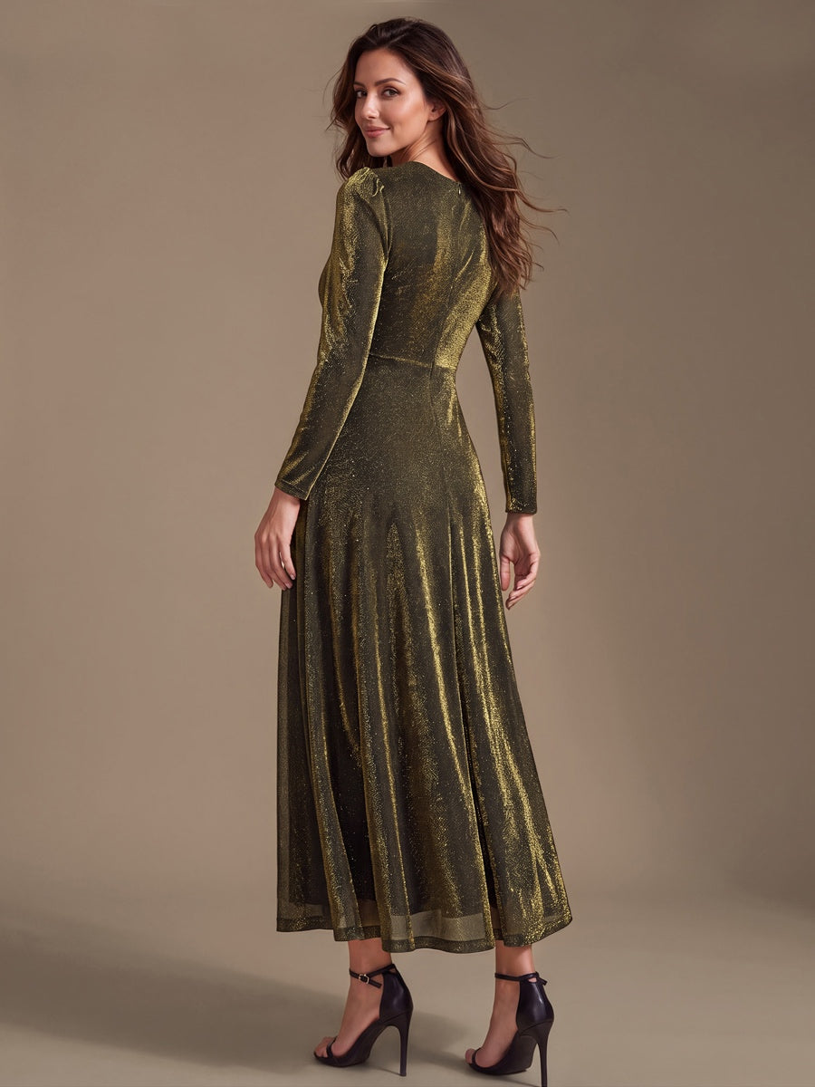 Knot Detail Knit Glitter Long Sleeve Wedding Guest Dress #color_Metallic Gold
