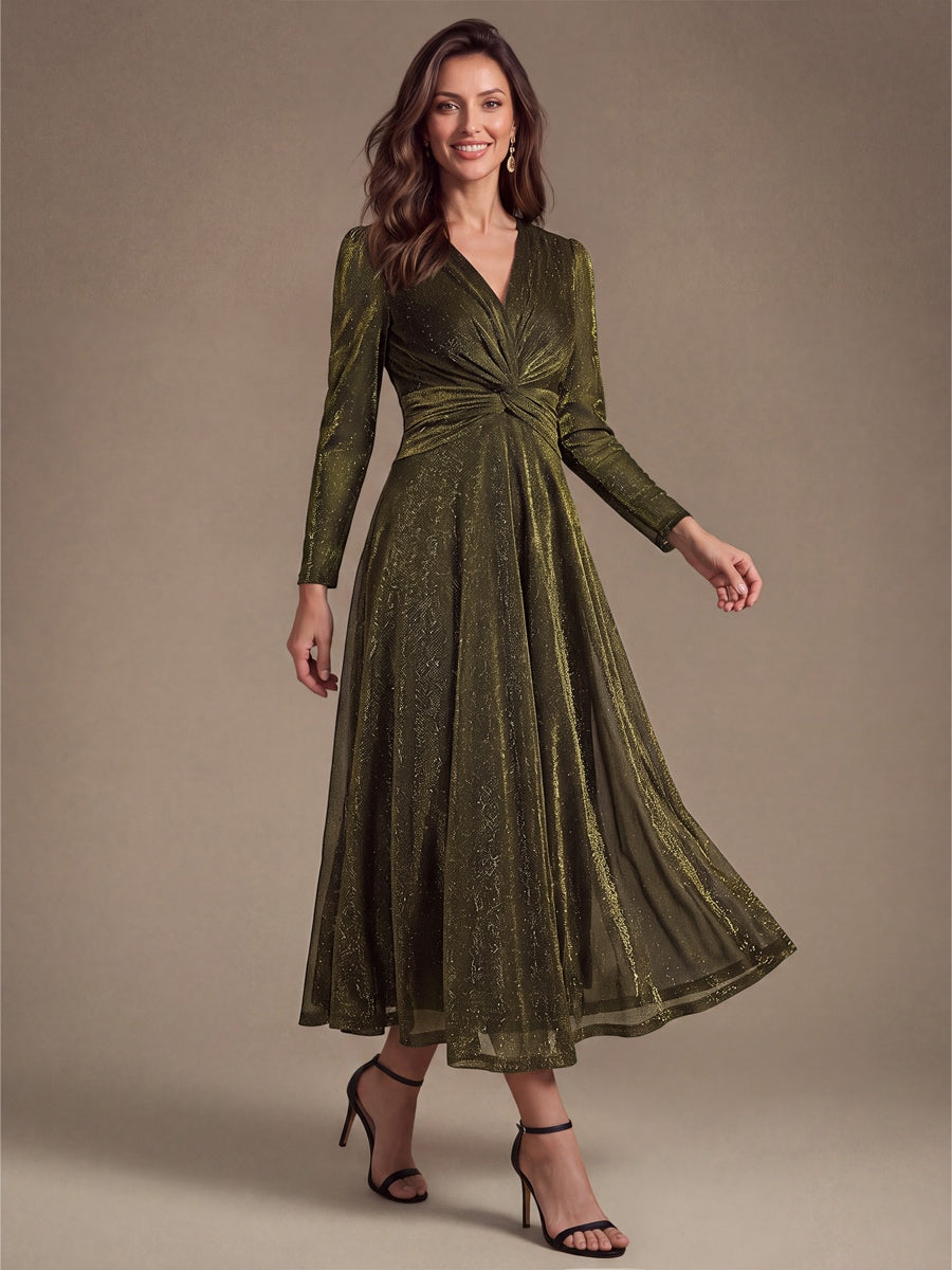 Knot Detail Knit Glitter Long Sleeve Wedding Guest Dress #color_Metallic Gold