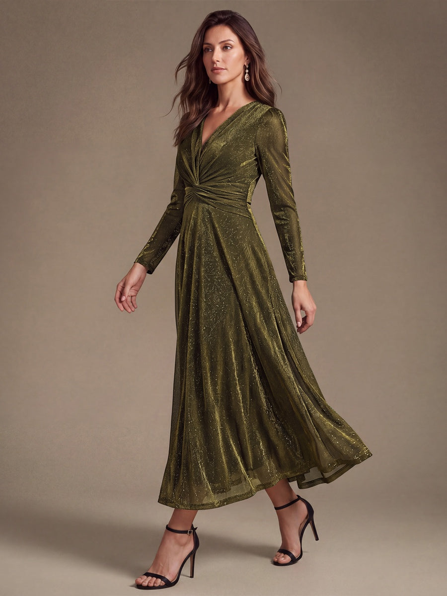 Knot Detail Knit Glitter Long Sleeve Wedding Guest Dress #color_Metallic Gold