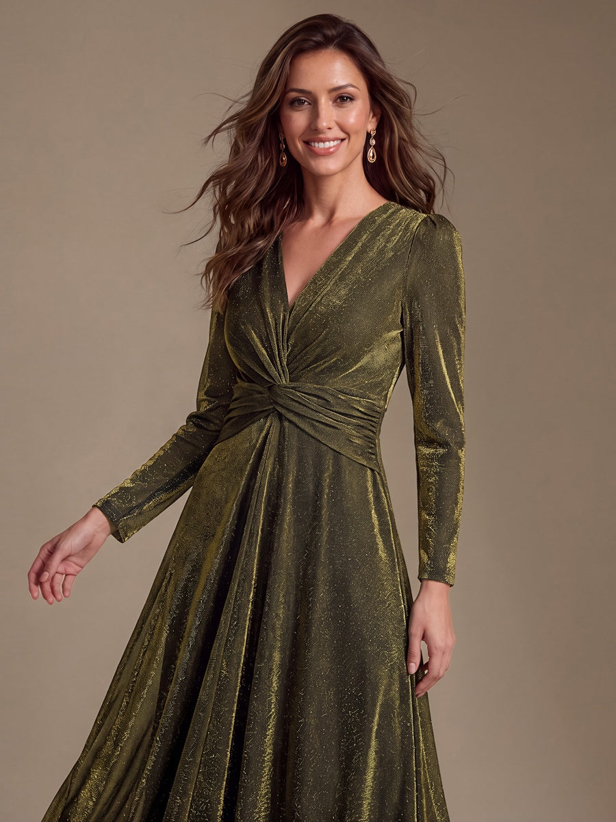 Knot Detail Knit Glitter Long Sleeve Wedding Guest Dress #color_Metallic Gold