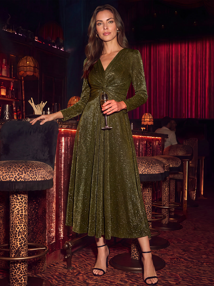 Knot Detail Knit Glitter Long Sleeve Wedding Guest Dress #color_Metallic Gold