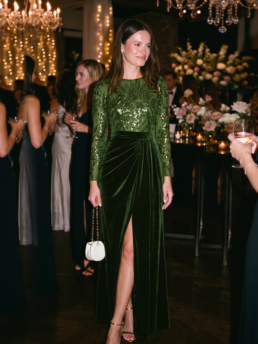 See-through Velvet Fitted Sleeve Evening Dress #color_Olive Green