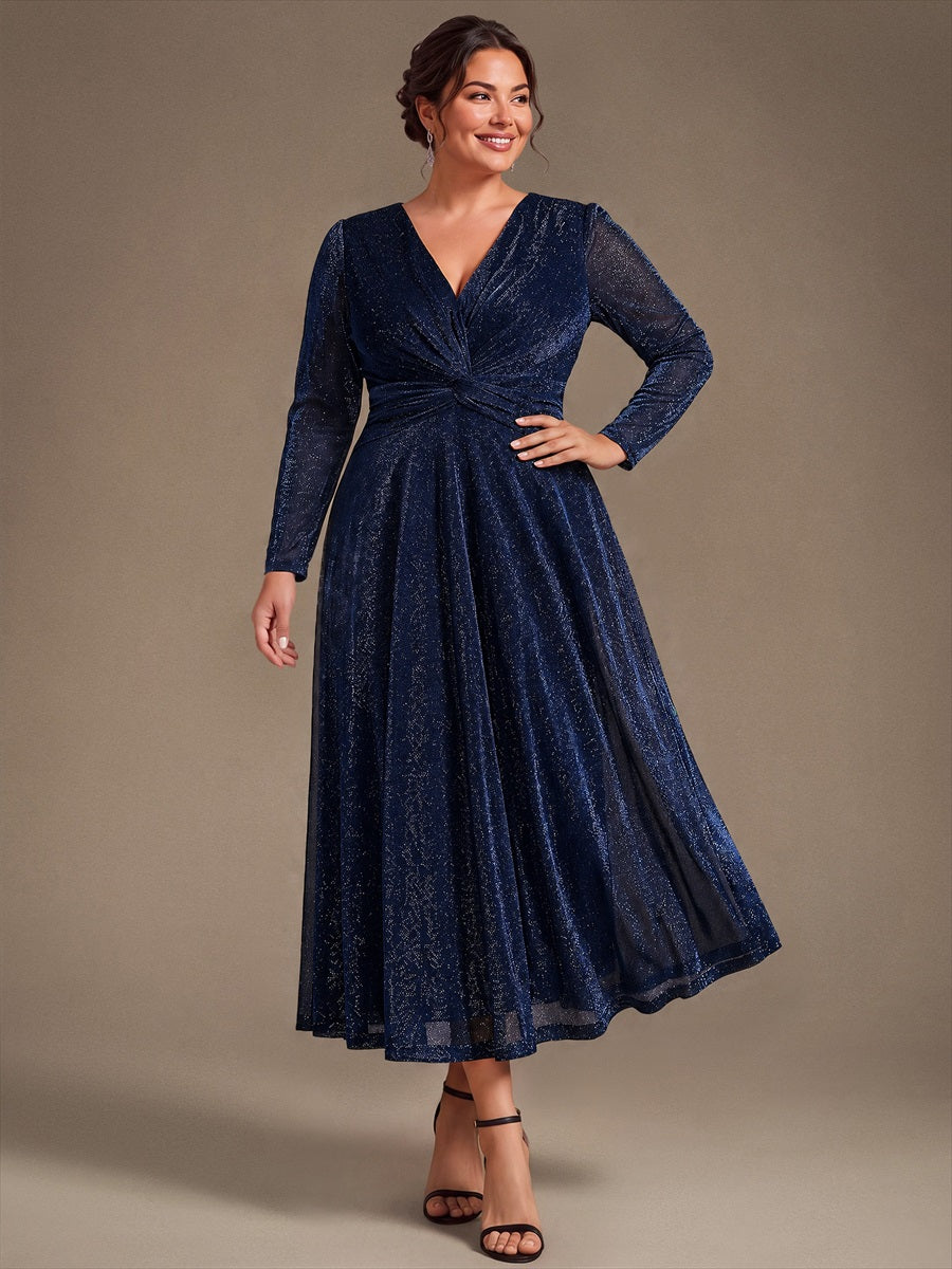 Knot Detail Knit Glitter Long Sleeve Wedding Guest Dress #color_Navy Blue