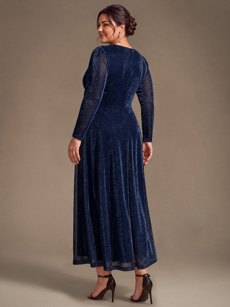 Knot Detail Knit Glitter Long Sleeve Wedding Guest Dress #color_Navy Blue
