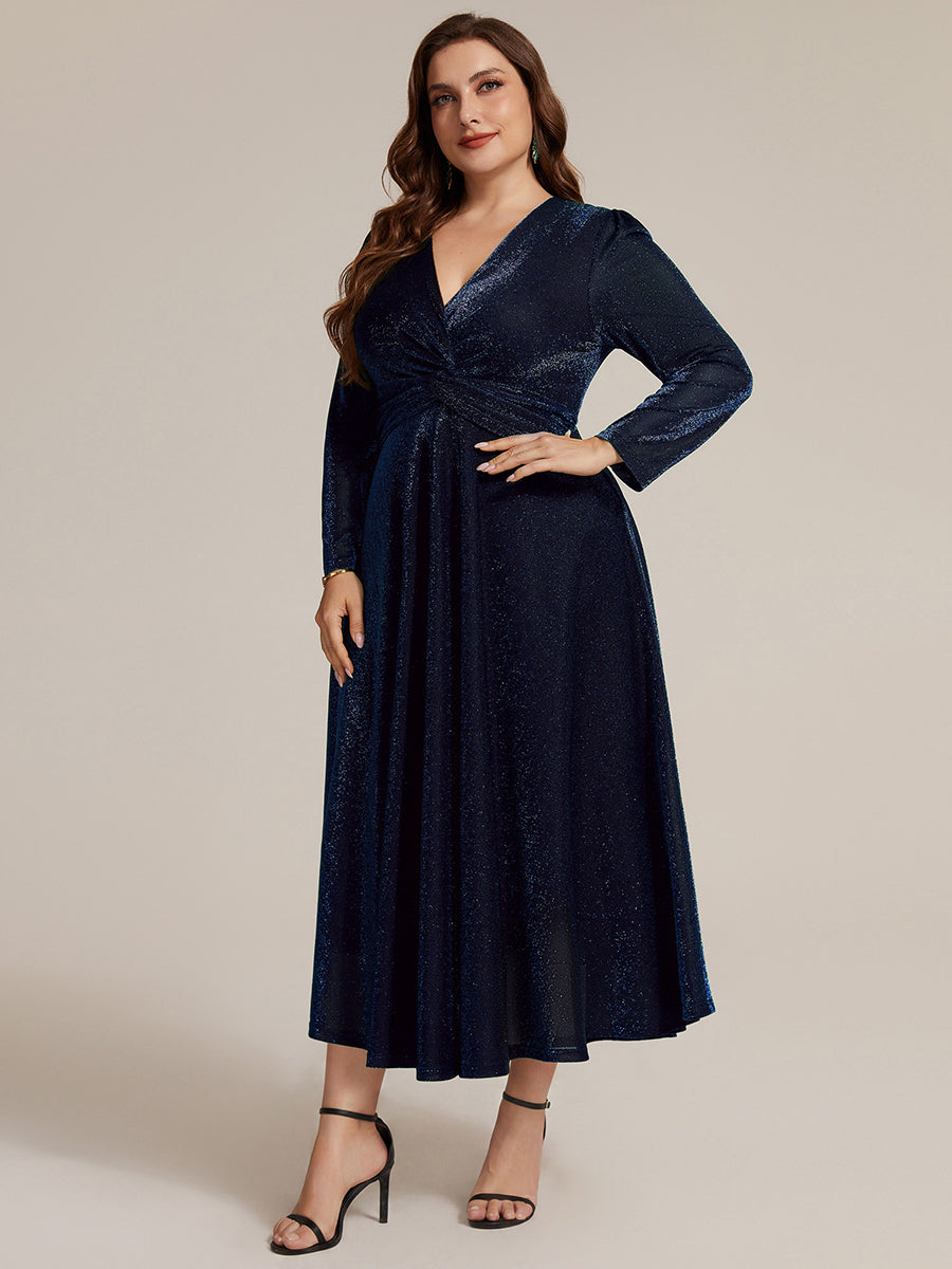 Plus Size Knot Detail Glitter Long Sleeve Wedding Guest Dress #color_Navy Blue