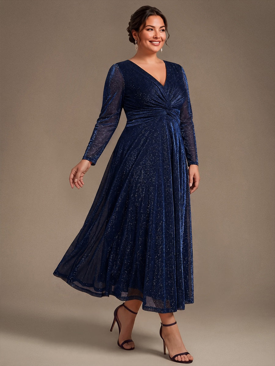 Plus Size Knot Detail Glitter Long Sleeve Wedding Guest Dress #color_Navy Blue