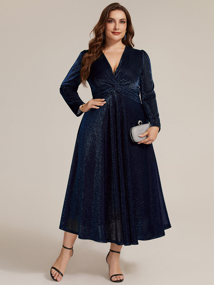 Plus Size Knot Detail Glitter Long Sleeve Wedding Guest Dress #color_Navy Blue