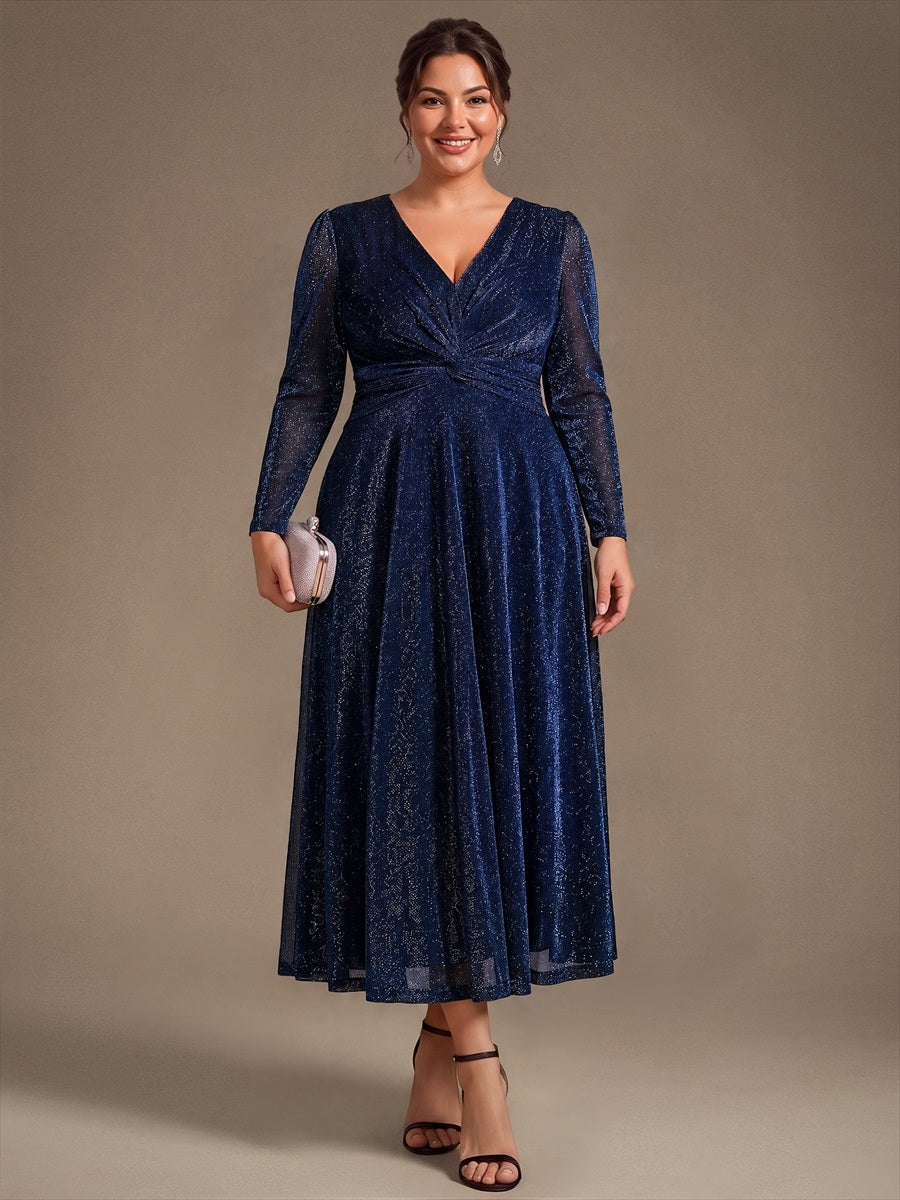 Plus Size Knot Detail Glitter Long Sleeve Wedding Guest Dress #color_Navy Blue