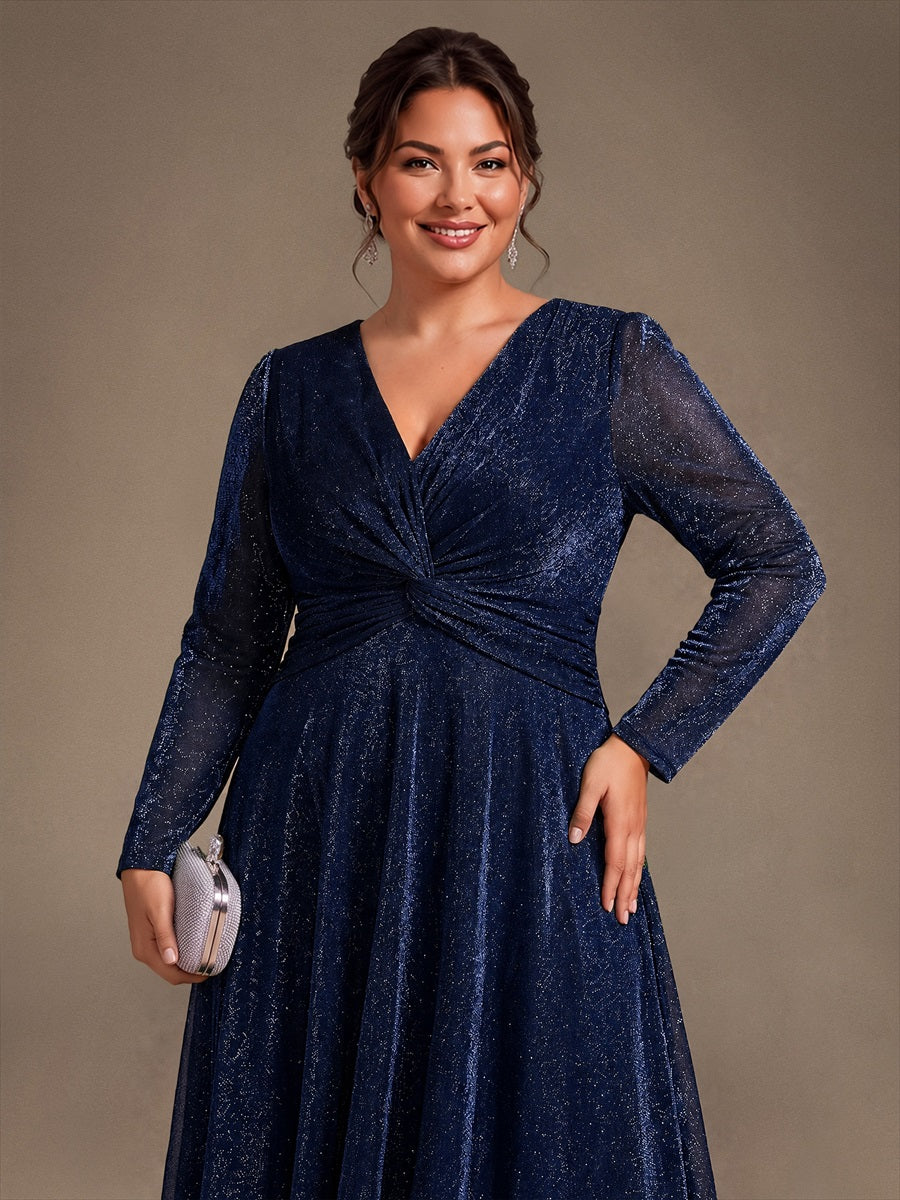 Plus Size Knot Detail Glitter Long Sleeve Wedding Guest Dress #color_Navy Blue