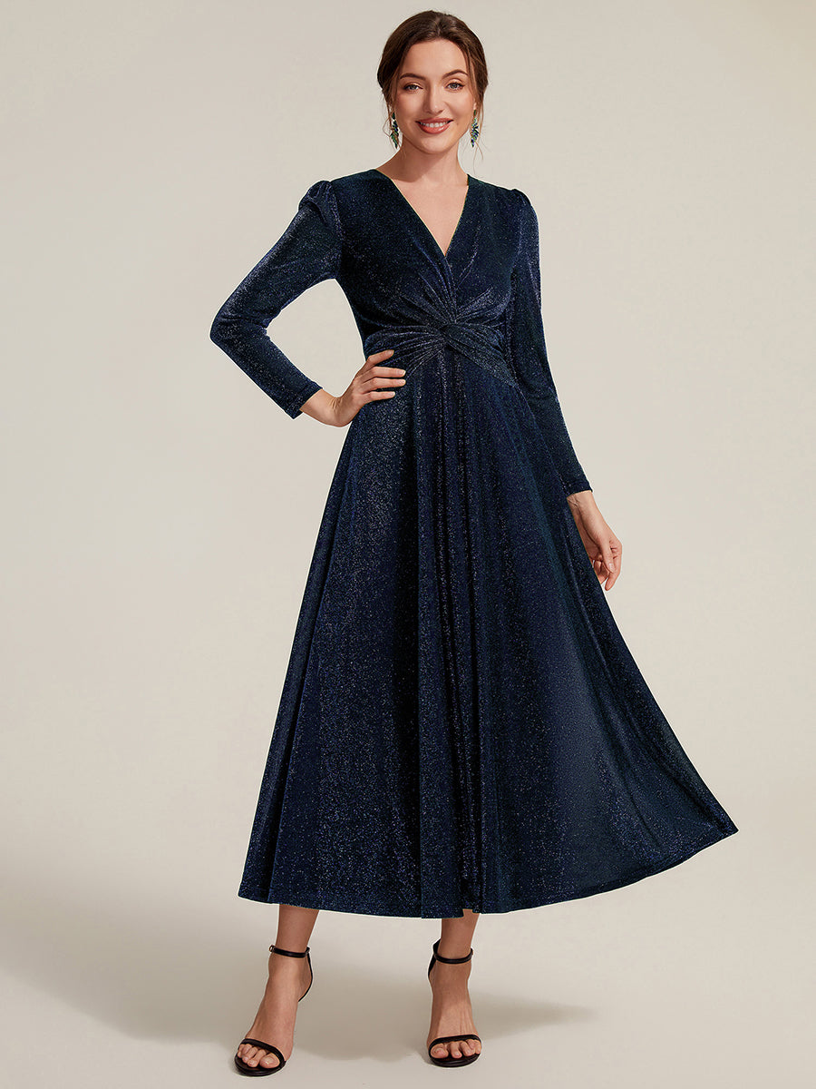 Knot Detail Knit Glitter Long Sleeve Wedding Guest Dress #color_Navy Blue